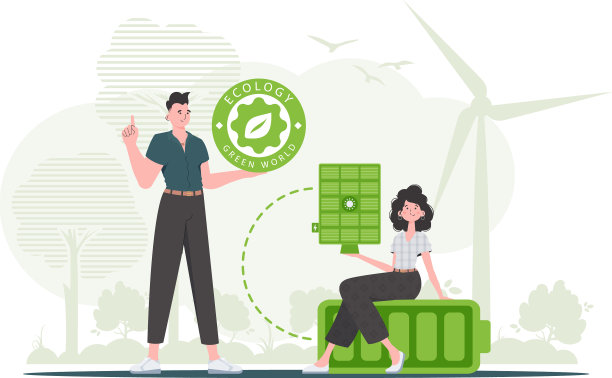 男孩和女孩和太阳能电池板的绿色能源概念图片下载