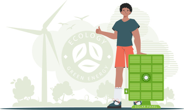 绿色能源概念一个人站在太阳能旁边图片下载