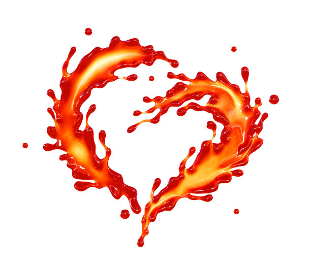 心形番茄酱飞溅或红色油漆3d插图孤立在白色背景，3d渲染。图片下载