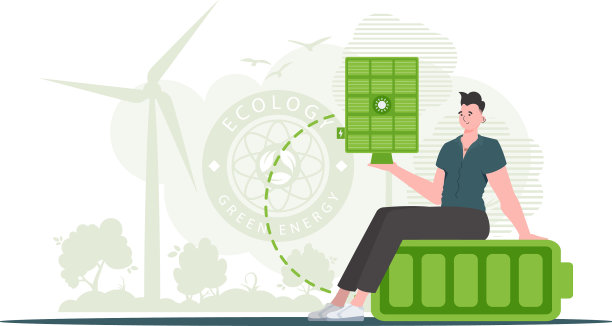 绿色能源概念一个人坐在电池上图片下载