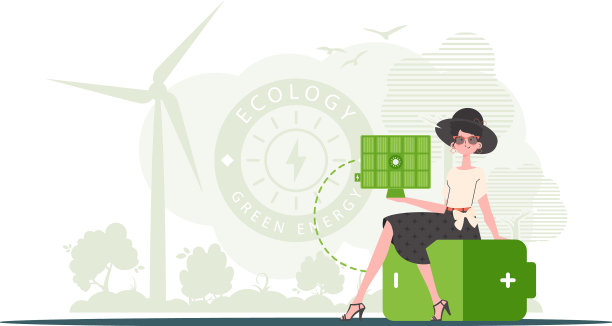 绿色能源概念女孩坐在电池上图片下载