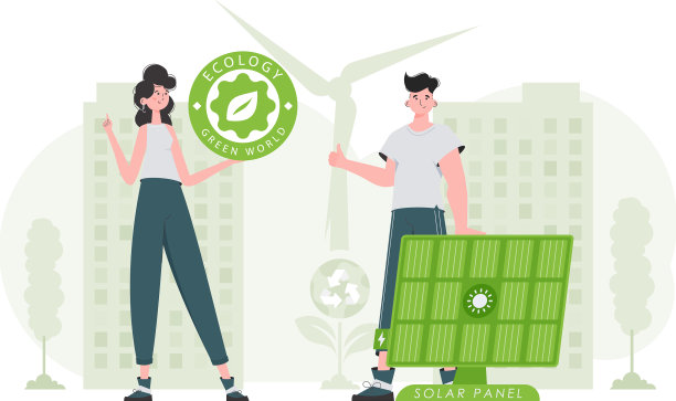 男人和女人和太阳能电池板的生态能源概念图片下载