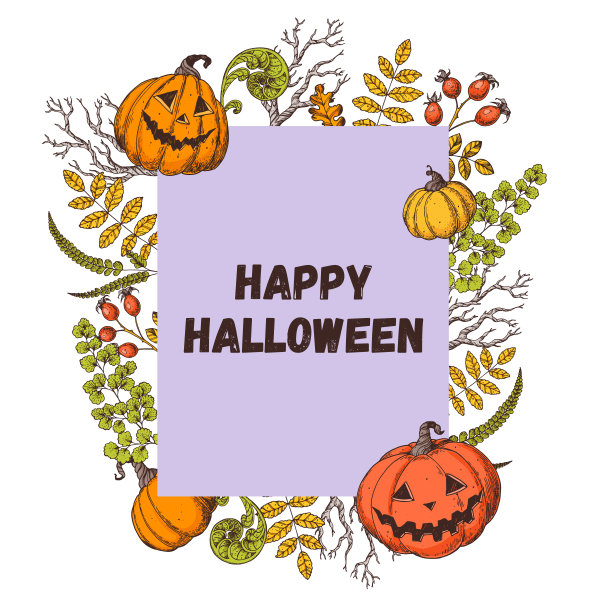 万圣节快乐。杰克灯笼南瓜，秋天的叶子插图。。贺卡。万圣节的标签。手绘矢量插图。设计模板。卡通风格。图片下载