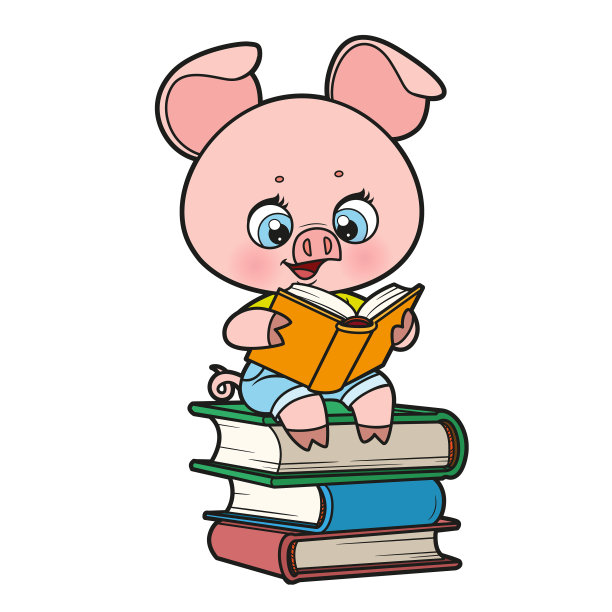 可爱的卡通小猪热情地读着一本图片下载