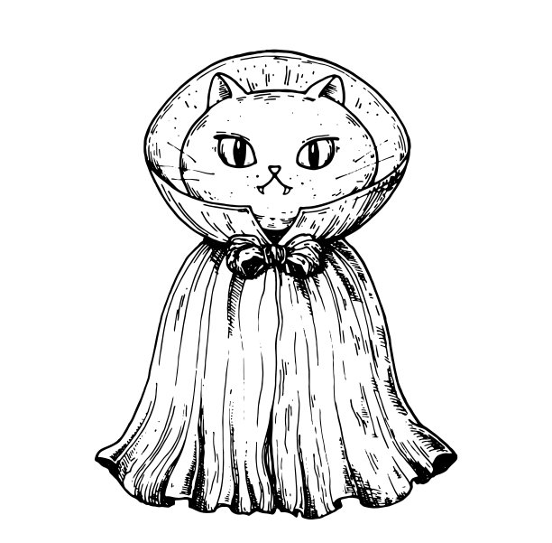 神奇的猫在斗篷素描。手绘矢量插图。万圣节快乐。女巫猫插图。图片下载