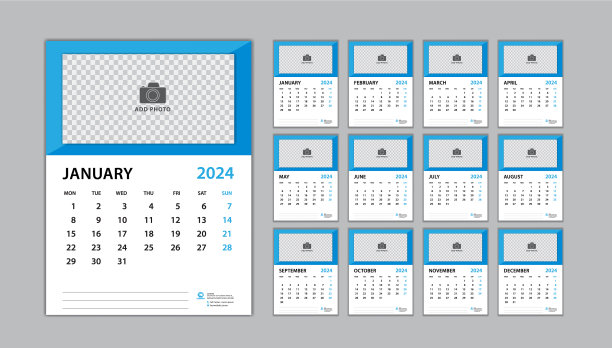 日历2024模板设置在蓝色背景上图片下载