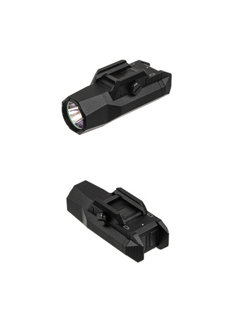 现代LED手电筒与武器安装。白色背景下的战术手电。图片下载