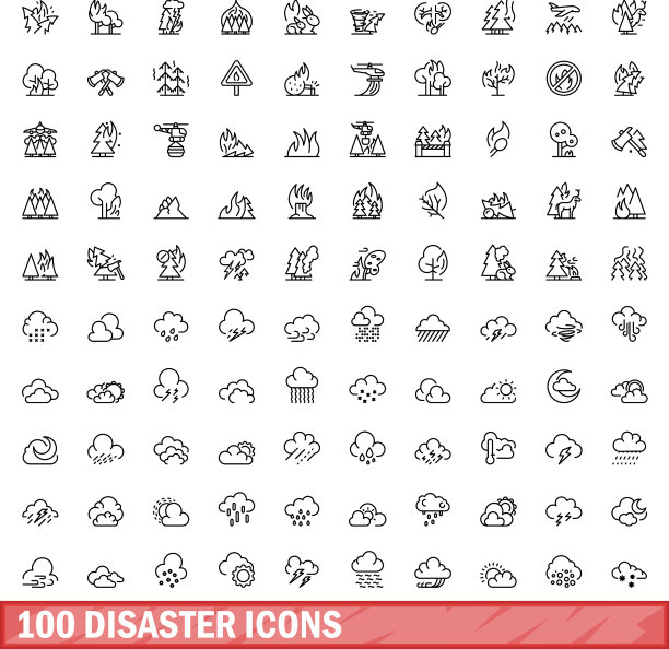 100个灾难图标设置大纲风格图片下载