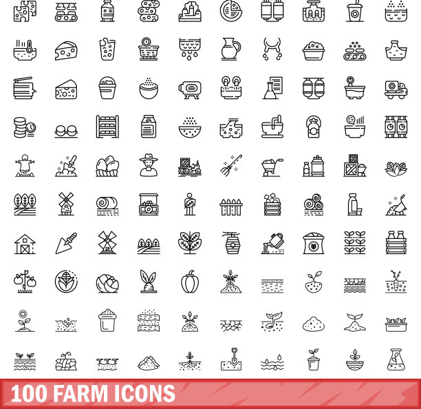 100个农场图标设置大纲风格图片下载