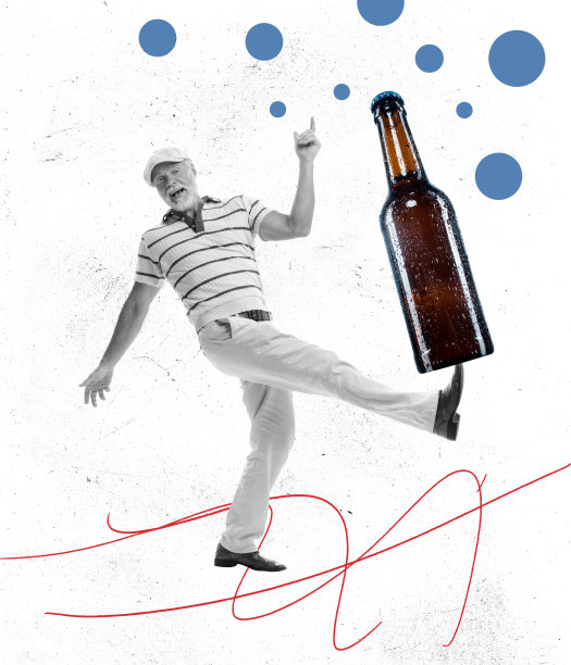 快乐的老人去啤酒吧。当代艺术拼贴。节日的概念，节日，乐趣，欢乐，传统，饮料和零食，啤酒节，广告和销售。图片下载