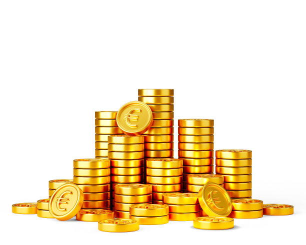 一堆金色的欧元硬币孤立在白色背景图片下载
