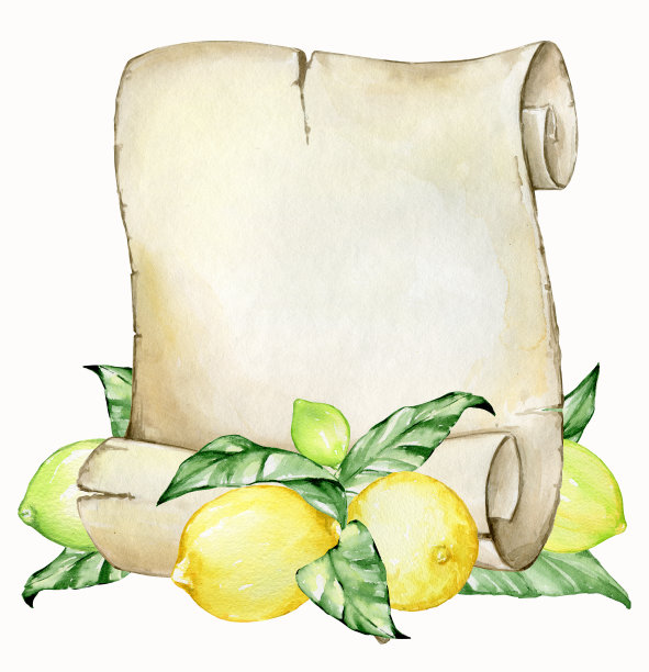 柠檬水果和树叶，羊皮纸海报。水彩复古海报在一个孤立的背景。图片下载