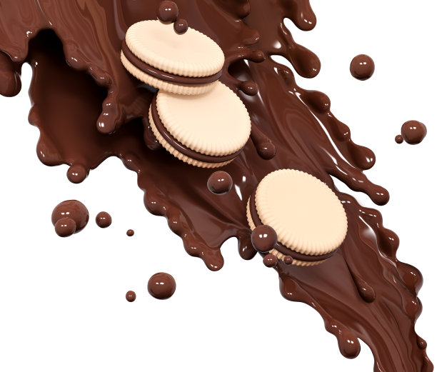 脆脆的饼干或饼干在热巧克力飞溅，酱汁或糖浆，可可饮料或巧克力奶油，融化的巧克力波，液体背景甜点，孤立的3d渲染图片下载