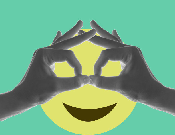 现代艺术拼贴两个人类的手显示ok的手势与黄色的表情符号图片下载