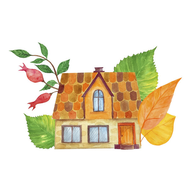 秋天的风景与乡村的房子和树木和树叶孤立在白色的背景。水彩手绘插画。图片下载