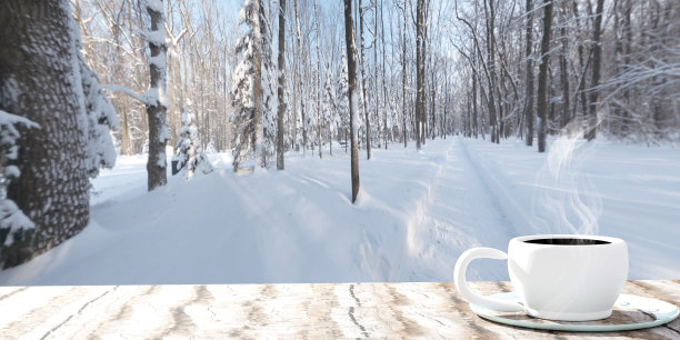 窗边的一杯新鲜咖啡，窗外是冬天的风景。3 d演示。图片下载