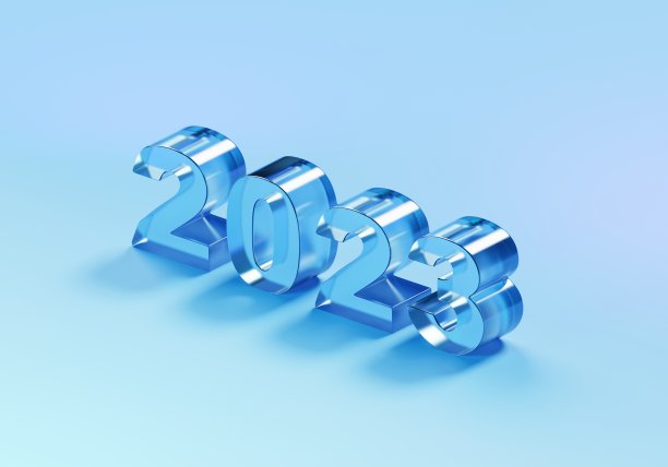 2023新年庆典，蓝色背景玻璃数字2023。3D渲染，3D插画图片下载