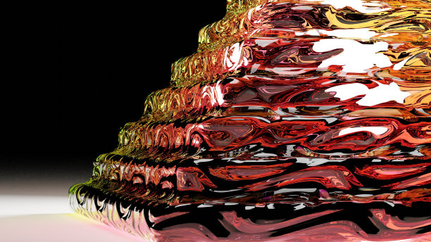 3 d渲染。3D高质量渲染。一颗有着漩涡图案和许多彩灯的珍贵宝石。彩色的黄红图案和波浪的水晶饰品。图片下载