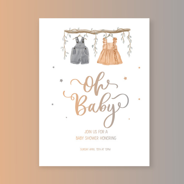 乡村灰尘花小屋核心婴儿淋浴邀请和快乐的生日贺卡水彩可爱的婴儿衣服。图片下载