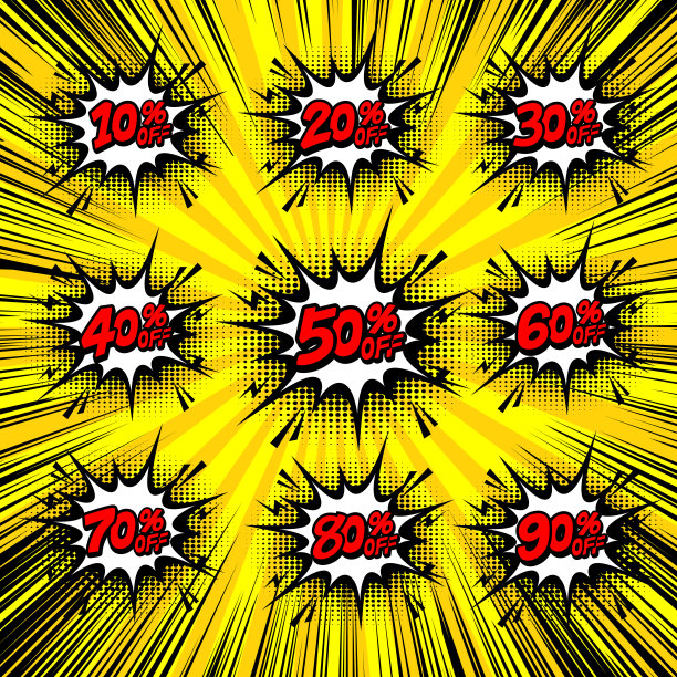 漫画风格的刘海造型背景打折。波普艺术漫画折扣促销横幅。图片下载