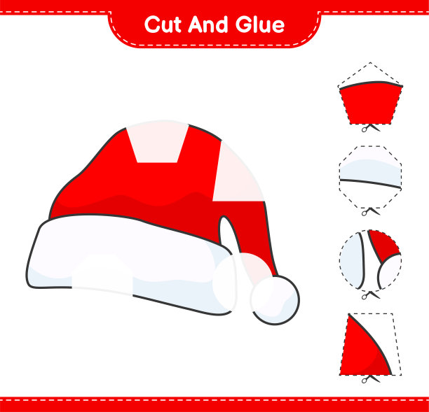 剪下并粘上，剪下圣诞帽的一部分并粘上。教育儿童游戏，可打印的工作表，矢量插图图片下载