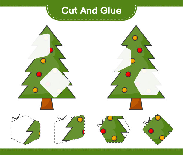 剪下和粘上，剪下圣诞树的一部分并粘上。教育儿童游戏，可打印的工作表，矢量插图图片下载