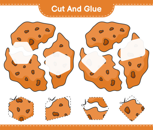 切和粘，切饼干的部分和粘他们。教育儿童游戏，可打印的工作表，矢量插图图片下载