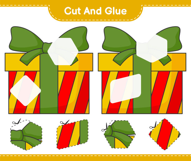 剪下并粘上，剪下礼品盒的部分并粘上。教育儿童游戏，可打印的工作表，矢量插图图片下载