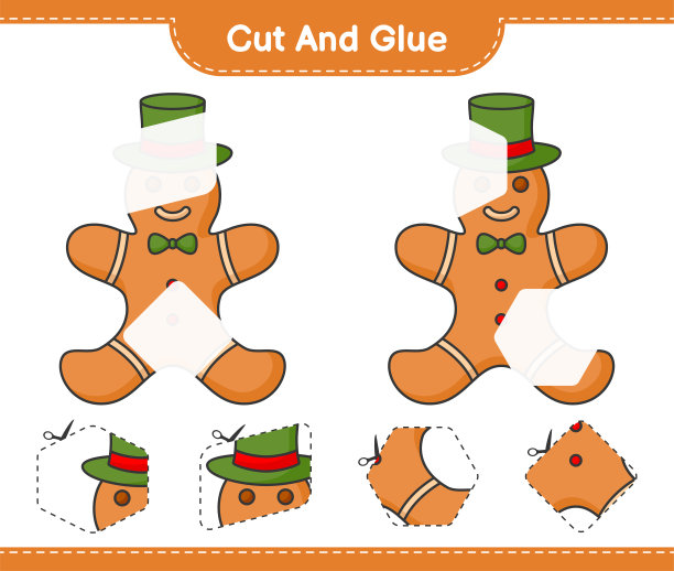 剪切和粘合，姜饼人的部分剪切和粘合。教育儿童游戏，可打印的工作表，矢量插图图片下载