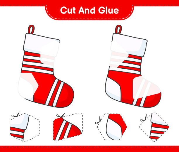 剪下并粘上，剪下圣诞袜的一部分并粘上。教育儿童游戏，可打印的工作表，矢量插图图片下载