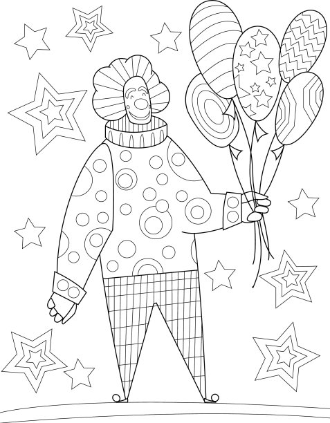 用小丑拿着气球在书上涂色图片下载