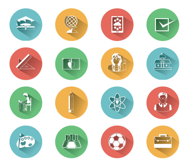 一组扁平的教育图标设置长阴影效果图片下载