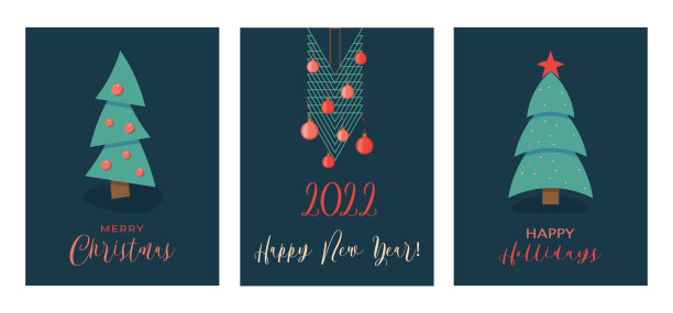 一套贺卡与新年文本。包括圣诞树装饰和圣诞树。图片下载