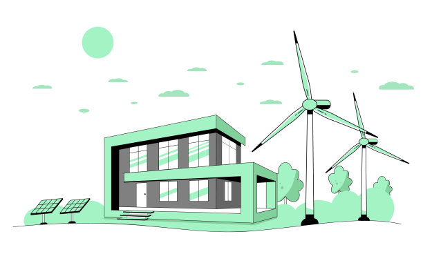 景观节能住宅，太阳能电池板和风力涡轮机。绿色能源。生态之家，概念横幅设计。平面风格的矢量插图。图片下载