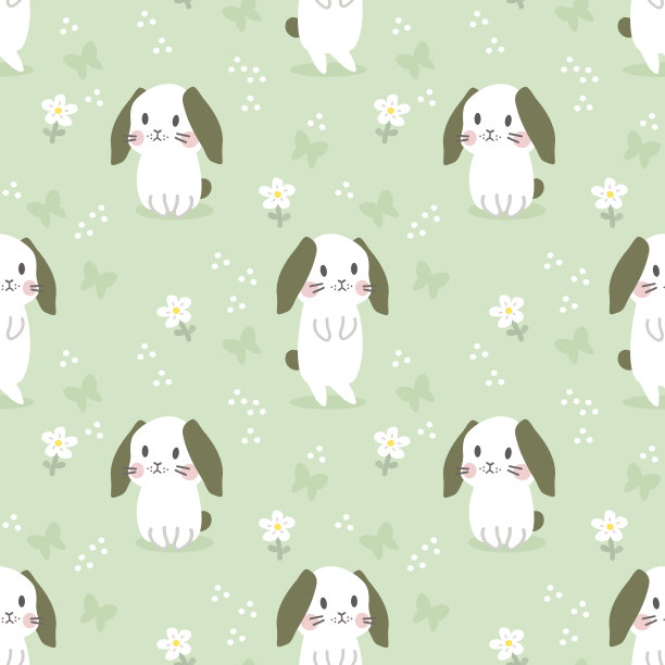 可爱的垂耳兔和花朵无缝图案图片下载