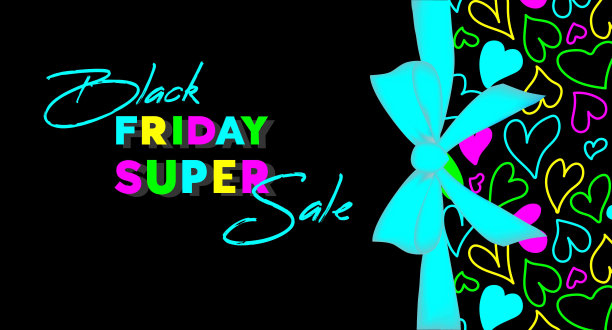 “黑色星期五”。出售横幅,传单。文字，心，和蓝色蝴蝶结在黑色和背景。图片下载