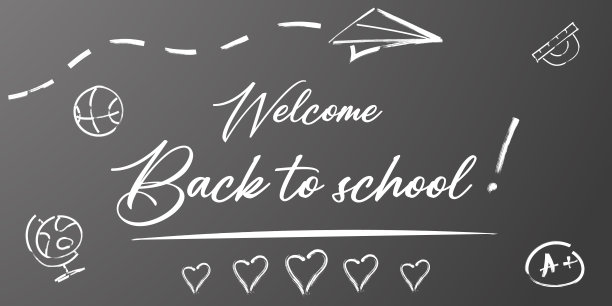 欢迎回到学校。对学生假期。小手写体回校。文本。横幅概念与笔记本或笔记本和笔。黑色背景。图片下载