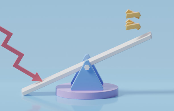 下行曲线跷跷板下跌导致金条飙升，金价上涨由于经济衰退或通货膨胀的概念，3d渲染插图。图片下载