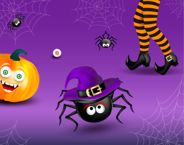 万圣节横幅或派对邀请南瓜脸紫色背景，女巫的条纹腿，跑步蜘蛛，网和眼睛，编辑矢量插图图片下载