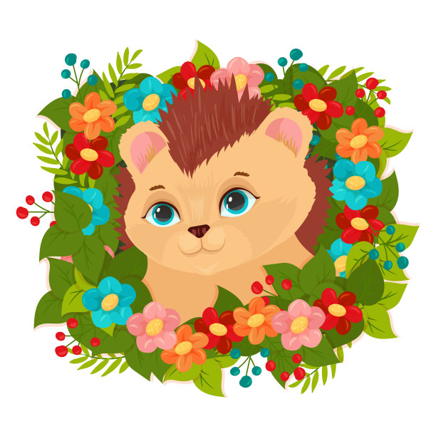 一只可爱的刺猬藏在花丛中。夏天的乐趣。快乐的豪猪。矢量插图在白色背景。图片下载