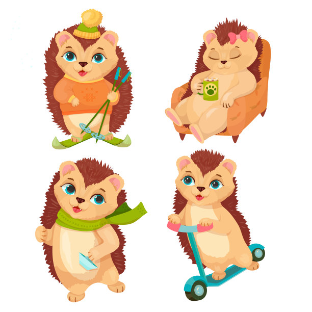 一组毛茸茸的刺猬在做不同的事情。他们休息，散步，为假期做准备。豪猪快乐。矢量插图在白色背景。图片下载