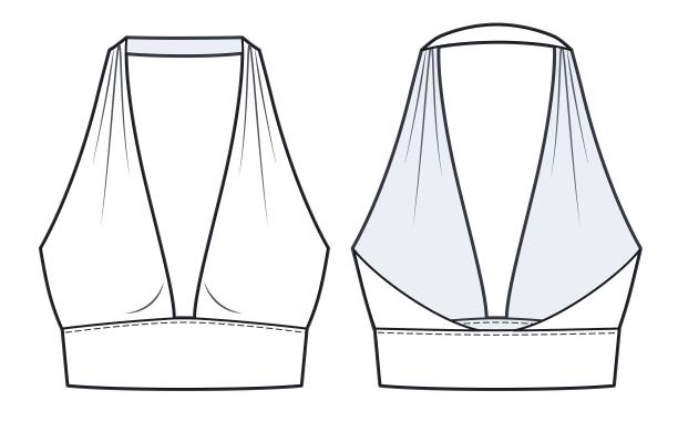 女子顶级时装平面素描模板。裁剪Top技术时尚插图，前面和后面的观点，白色，垂饰，绑带，cad模型。图片下载