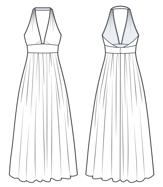及地长裙技术时尚插图。女装时装平面技术图纸模板收集，拉链，绑带，前后视图，白色，CAD模型。图片下载