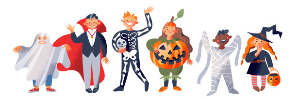 万圣节派对和孩子的角色设定，可爱的孩子在可怕的幽灵服装有乐趣图片下载