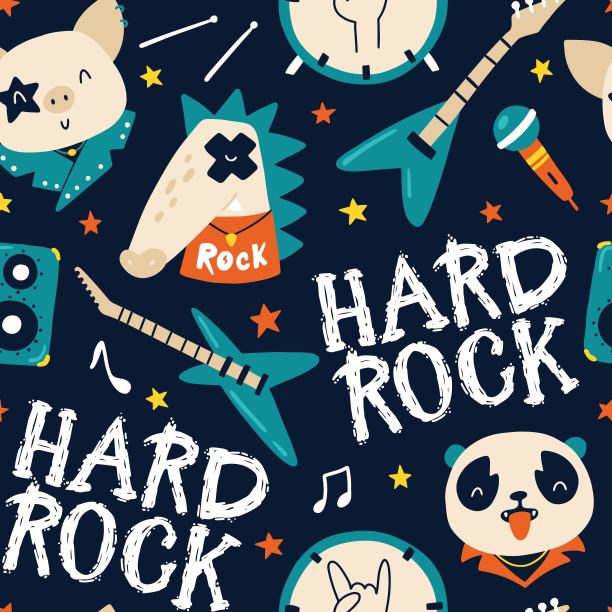 可爱的动物摇滚明星无缝图案与字母。在摇滚配件、乐器上手绘彩色涂鸦卡通人物。理想的婴儿纺织品，墙纸，包装纸。图片下载