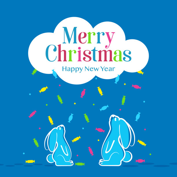 可爱的，有小兔子的圣诞卡，还有来自糖果和糖果的雨雪白云图片下载