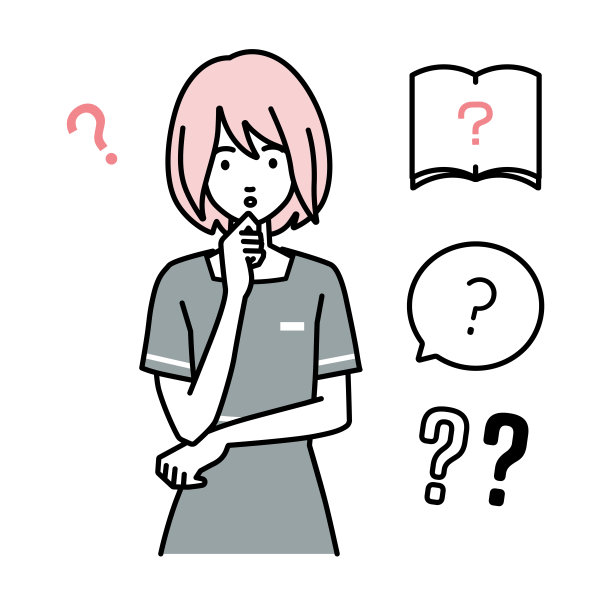 一个美容师，接待员女人拿着一个问题站在她的下巴上，她的手指上的问号设置图片下载