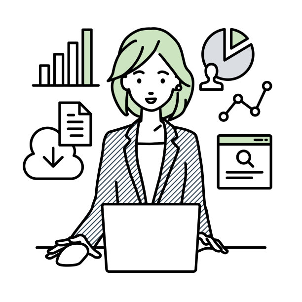 一个穿着商务套装的女人用笔记本电脑浏览网站，研究，在云上共享文件，分析，并在她的办公桌上做报告图片下载