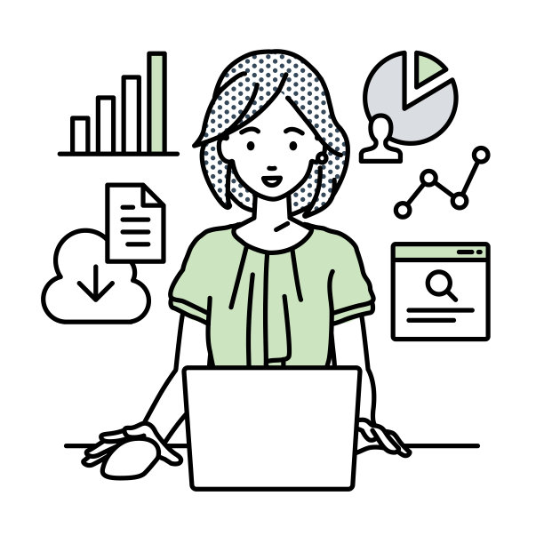 一名工作风格随意的女性，用笔记本电脑浏览网站，研究，在云端共享文件，分析，并在她的办公桌上做报告图片下载