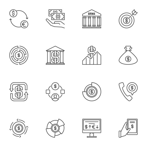 美元轮廓图标设置。矢量美元和货币线性符号图片下载